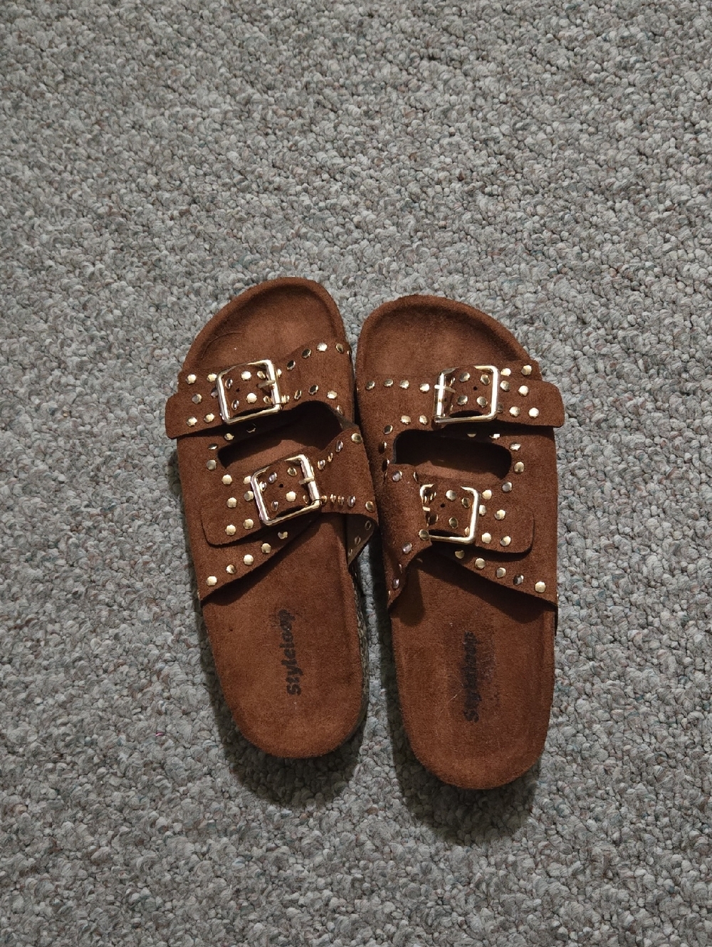 Women’s Brown Suede Double-Buckle Slide Sandals with Stud Accents